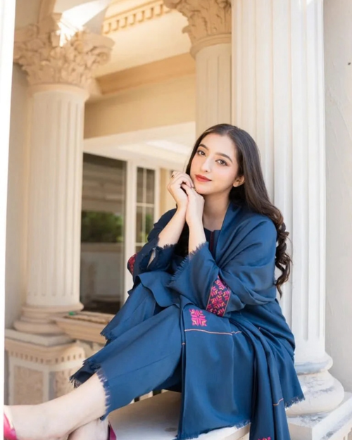 A woman wearing a navy blue shawl with pink and gold embroidered details sits on stone steps in front of classical columns.